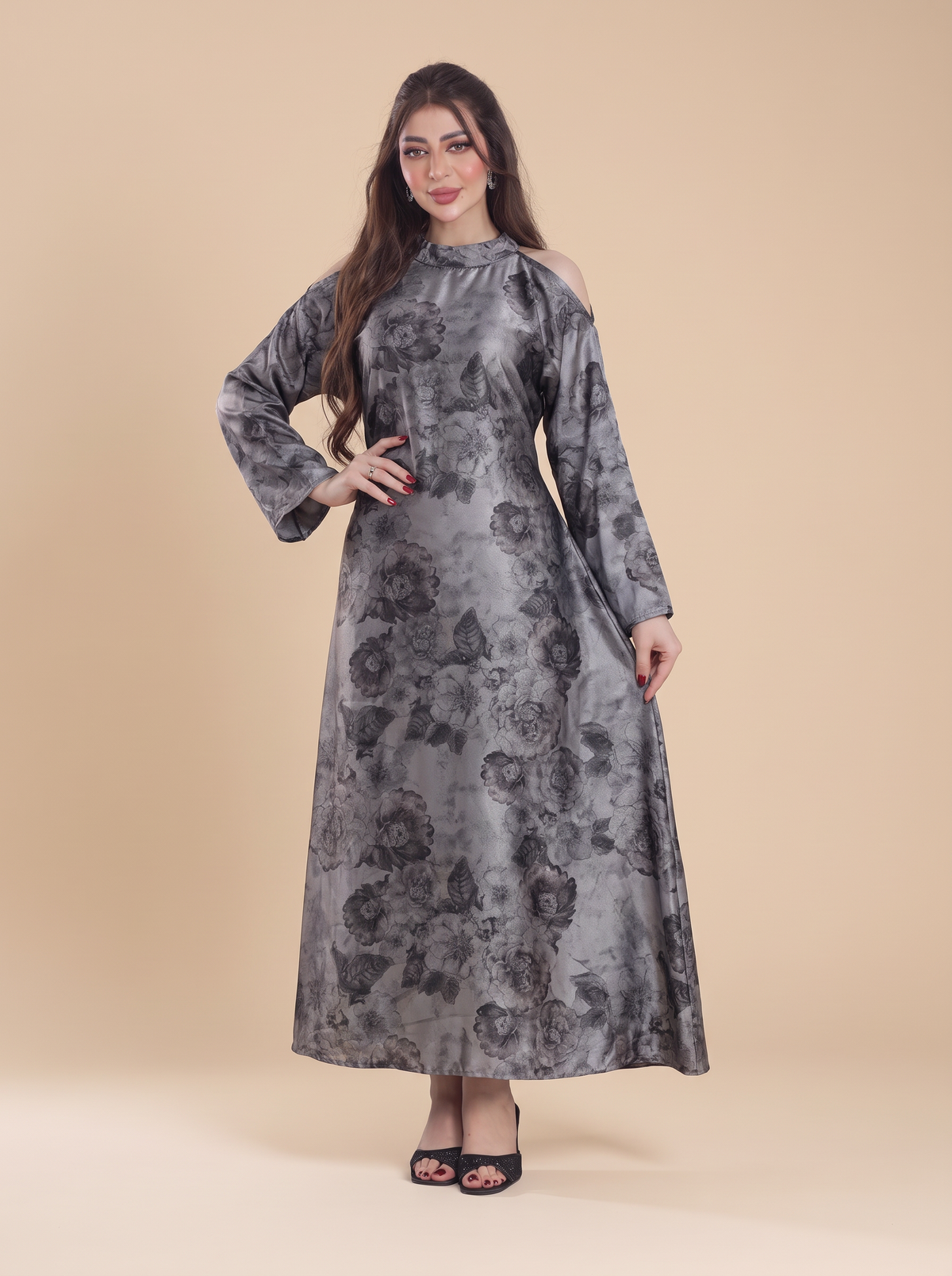 Finelook Luxury Floral Maxi Dress – Modest Long Sleeve Belted Evening Dress