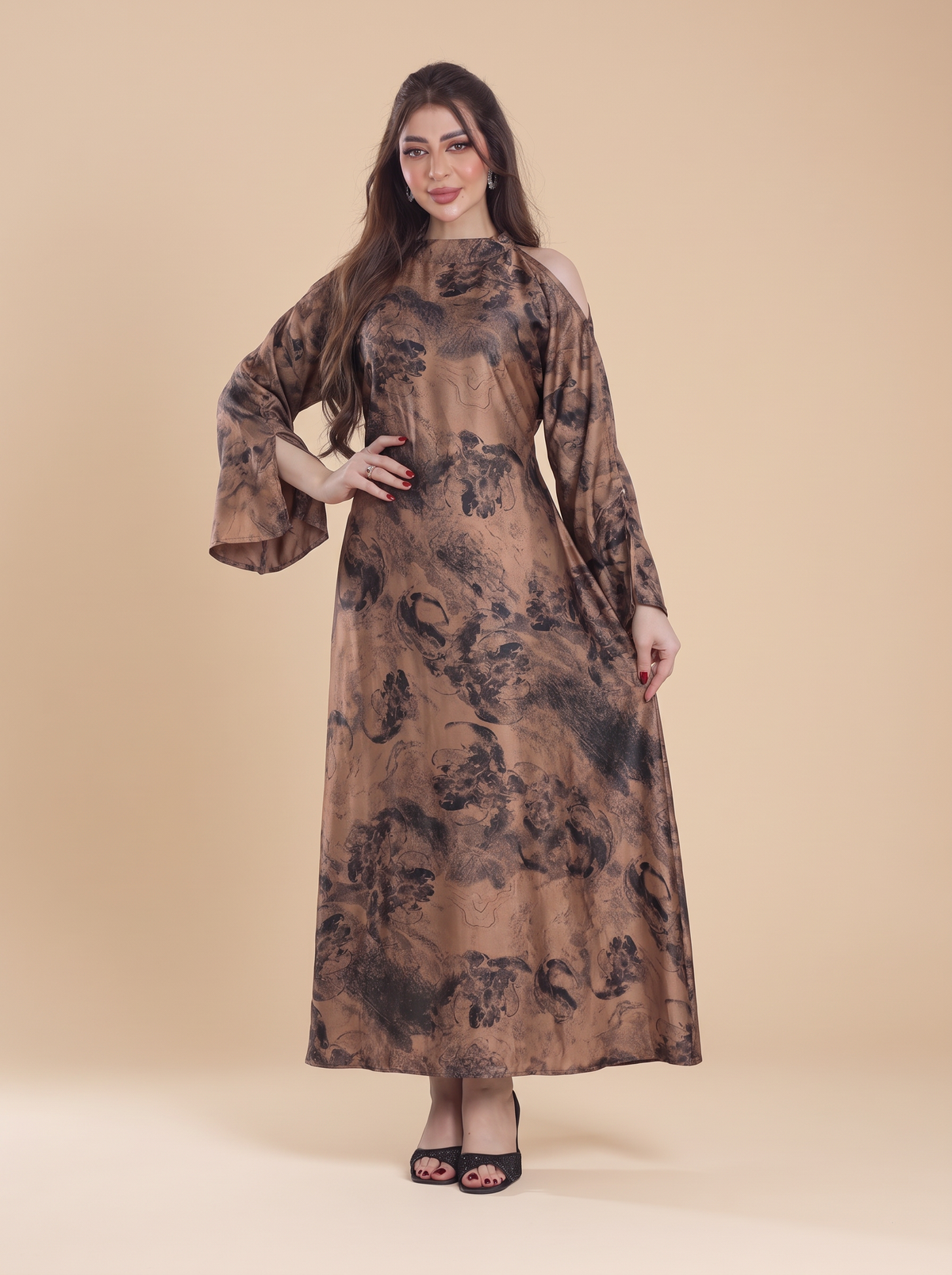 Finelook Luxury Floral Maxi Dress – Modest Long Sleeve Belted Evening Dress