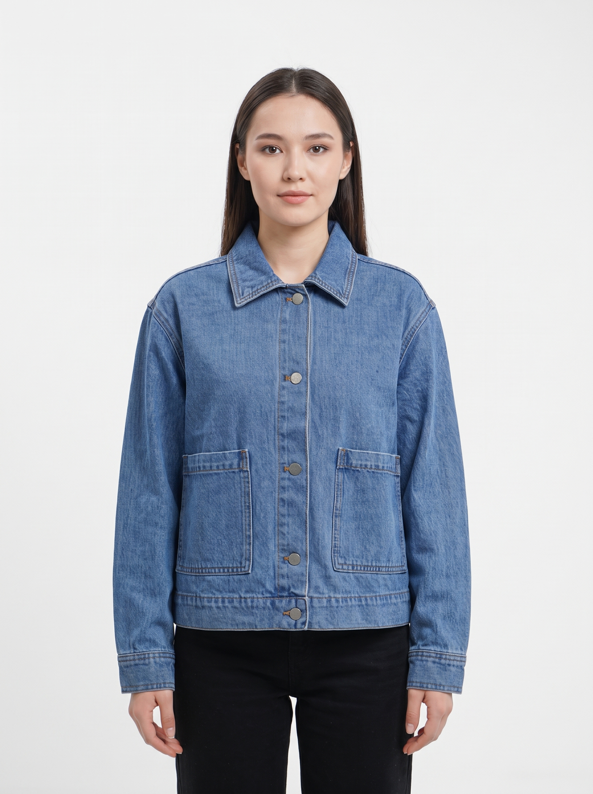 Women's Classic Medium Wash Denim Jacket – Button-Down Trucker Jean Jacket with Utility Pockets