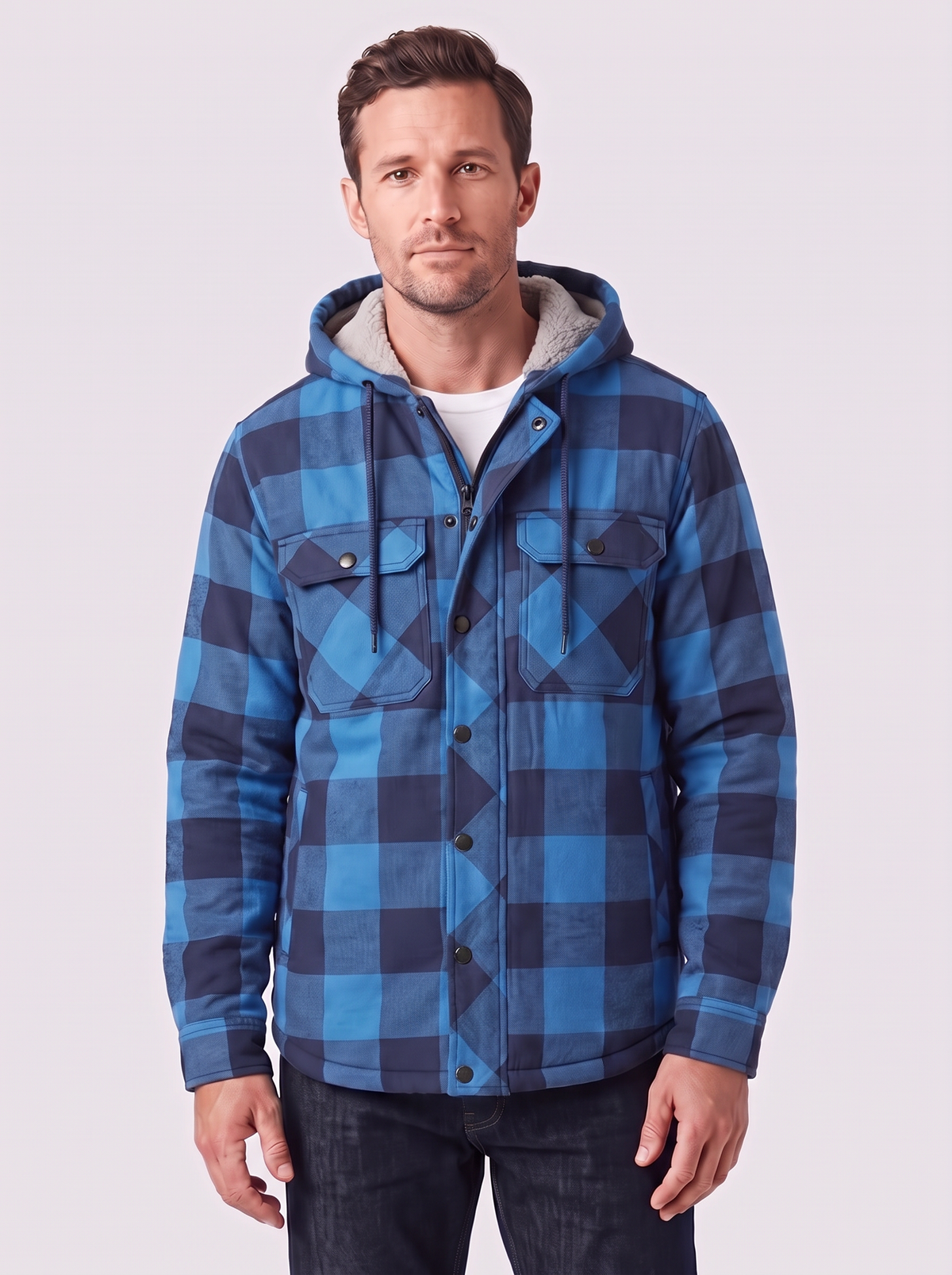 Men's Sherpa-Lined Flannel Hoodie Jacket – Heavyweight Plaid Zip-Up Workwear Shacket