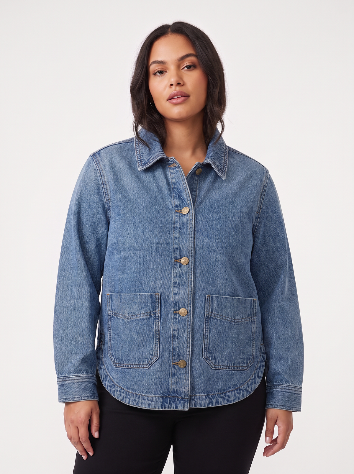 Women's Curved Hem Denim Shirt Jacket – Oversized Light Wash Jean Chore Jacket with Utility Pockets