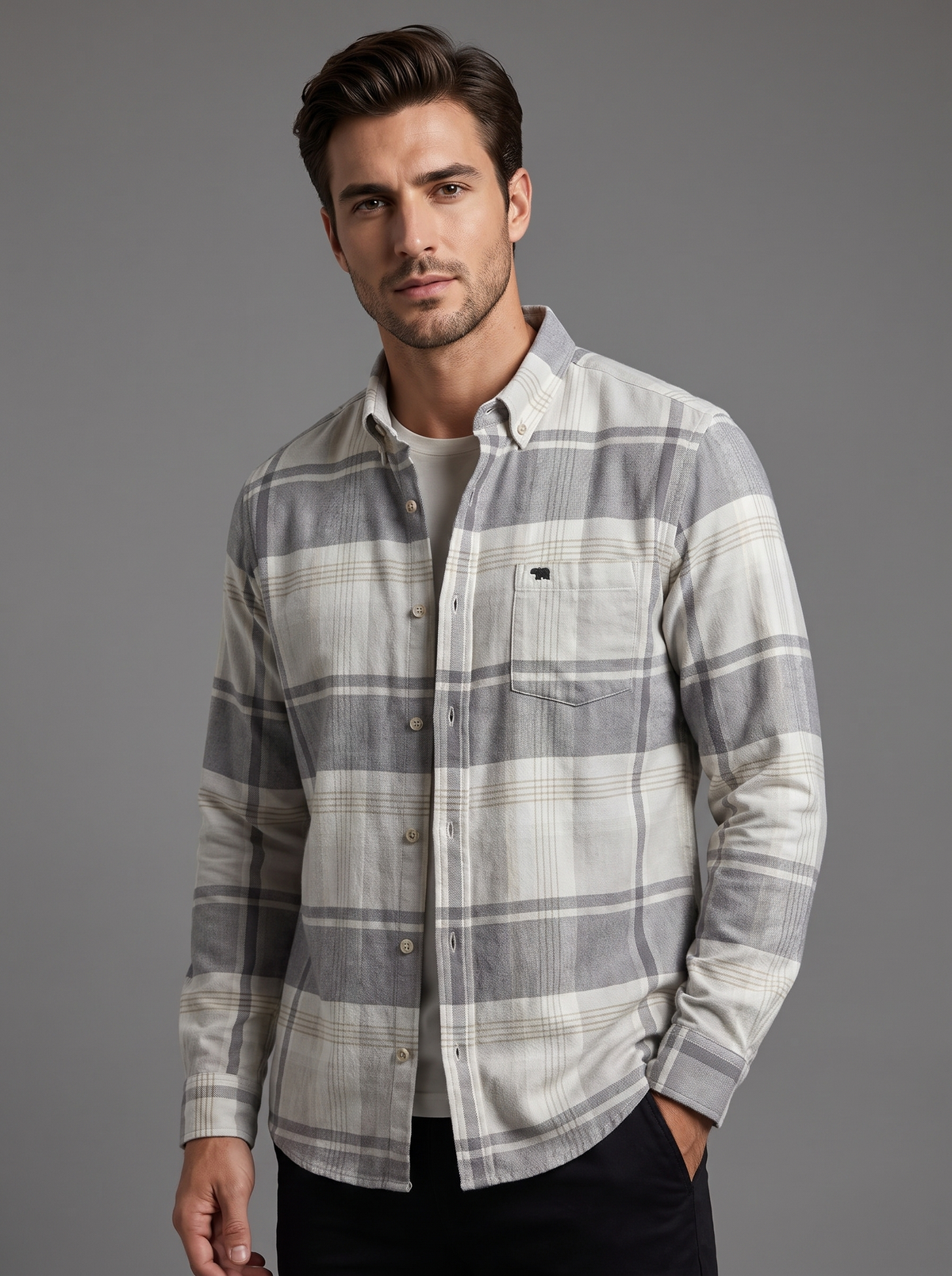 Men’s Plaid Long-Sleeve Casual Flannel Shirt – Grey, Cream & Taupe