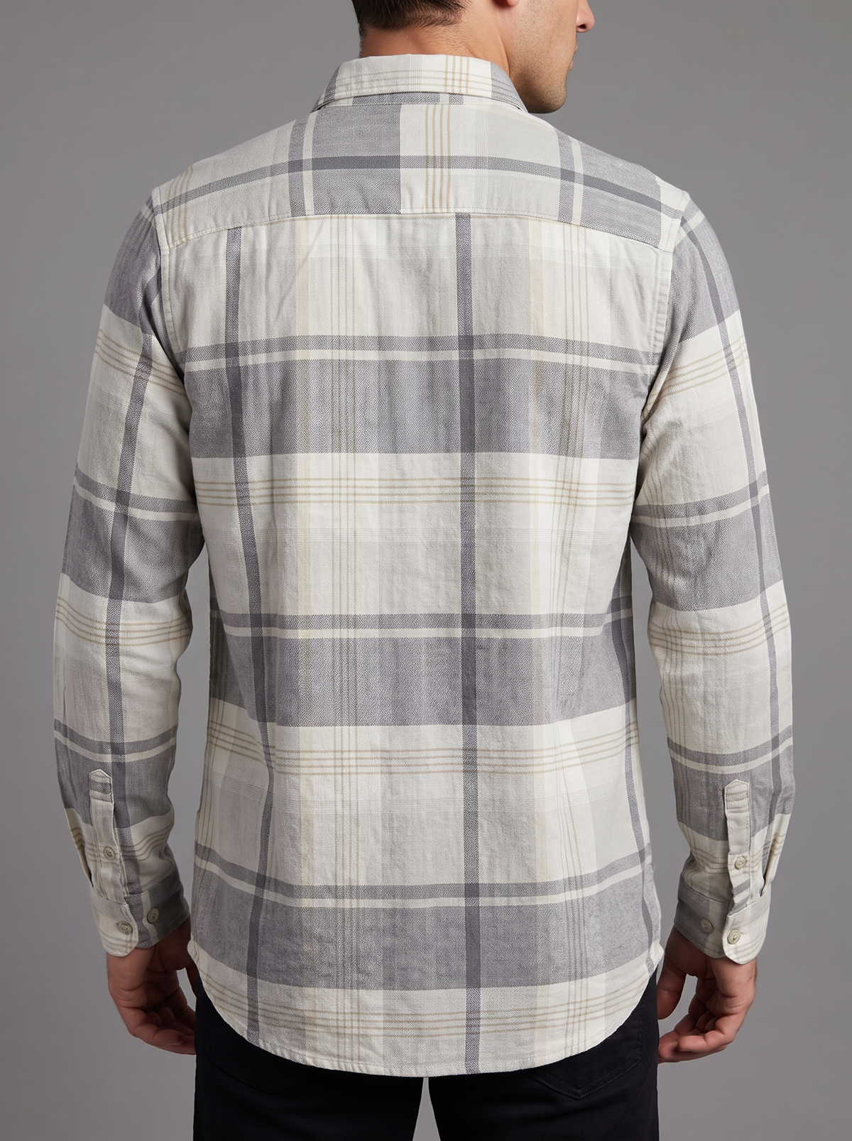 Men’s Plaid Long-Sleeve Casual Flannel Shirt – Grey, Cream & Taupe