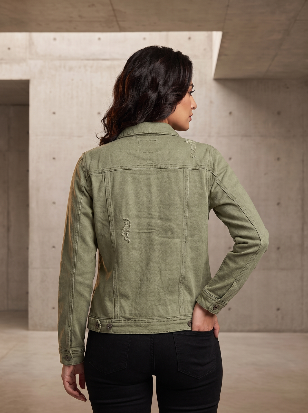 Women’s Sage Green Distressed Denim Jacket | Casual Olive Military Jean Jacket