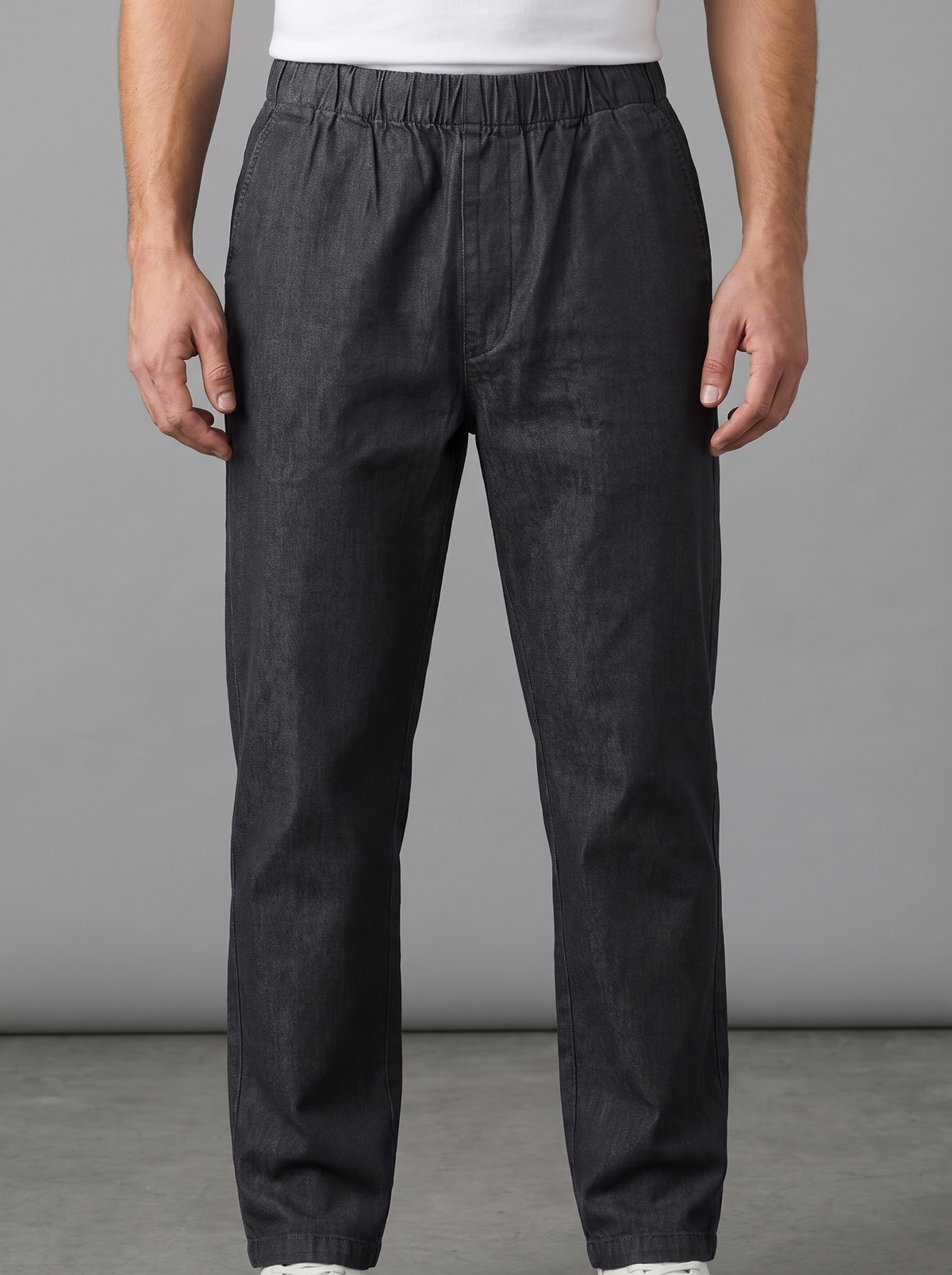 Men’s Relaxed Fit Elastic Waistband Denim Trousers – Charcoal Black