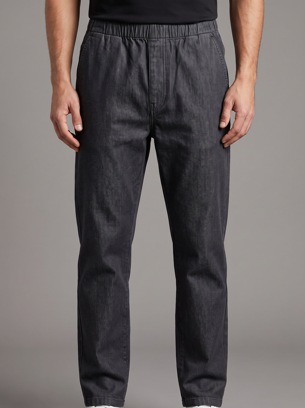 Men’s Relaxed Fit Elastic Waistband Denim Trousers – Charcoal Black