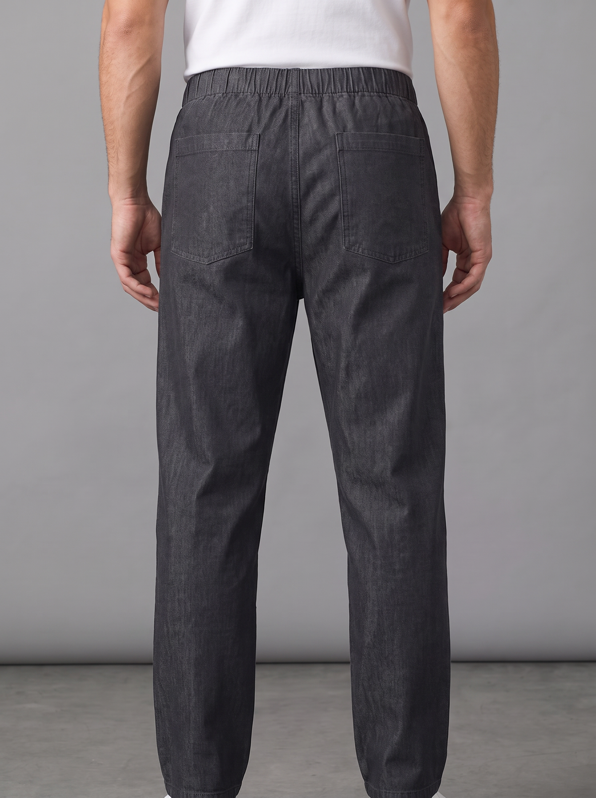 Men’s Relaxed Fit Elastic Waistband Denim Trousers – Charcoal Black