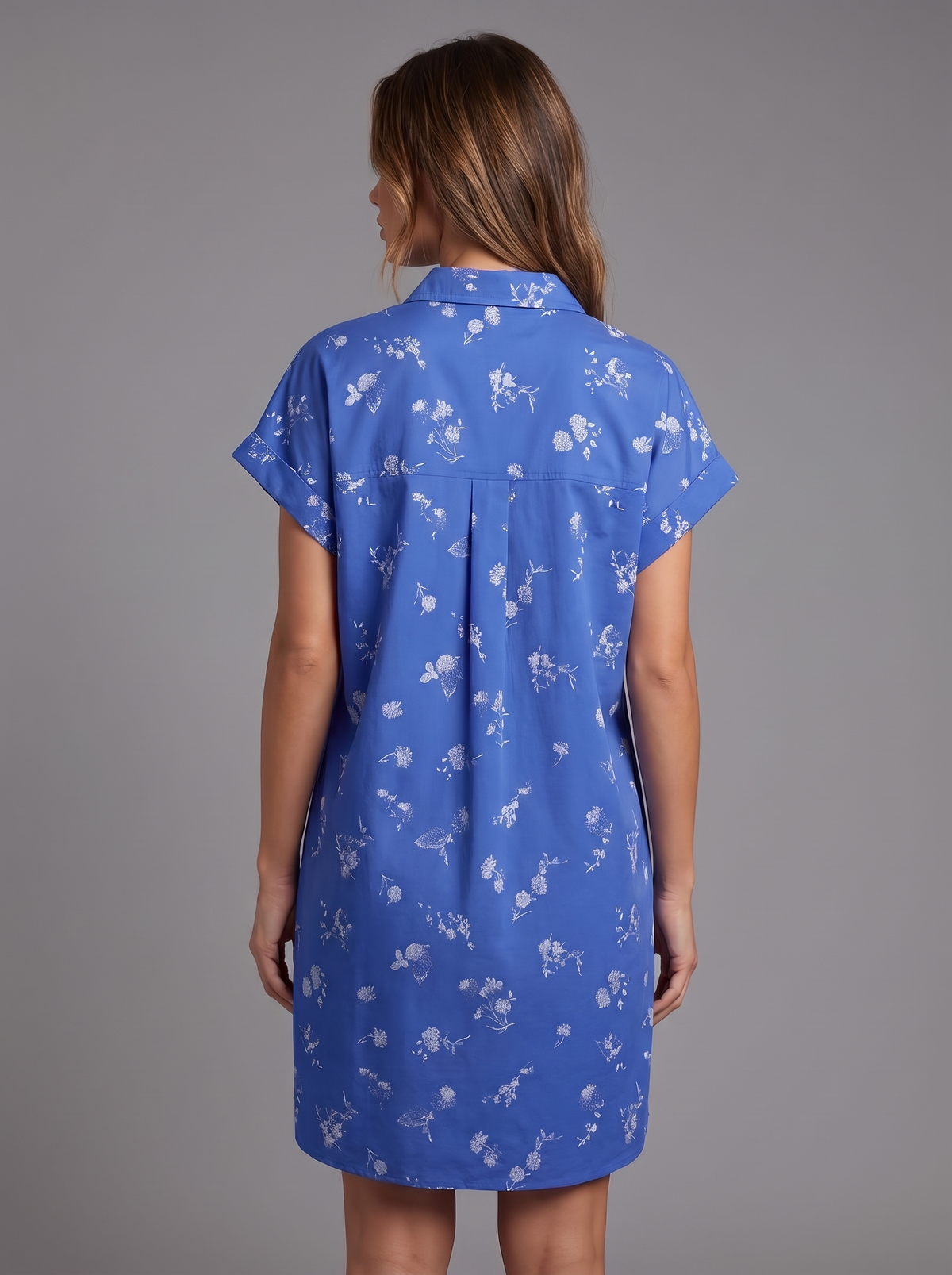 Women’s Floral Print Short-Sleeve Shirt Dress – Belted Royal Blue Casual Dress