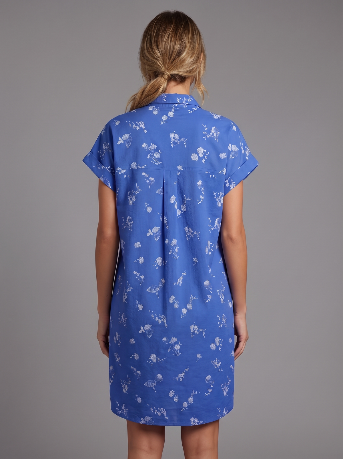 Women’s Floral Print Short-Sleeve Shirt Dress – Belted Royal Blue Casual Dress