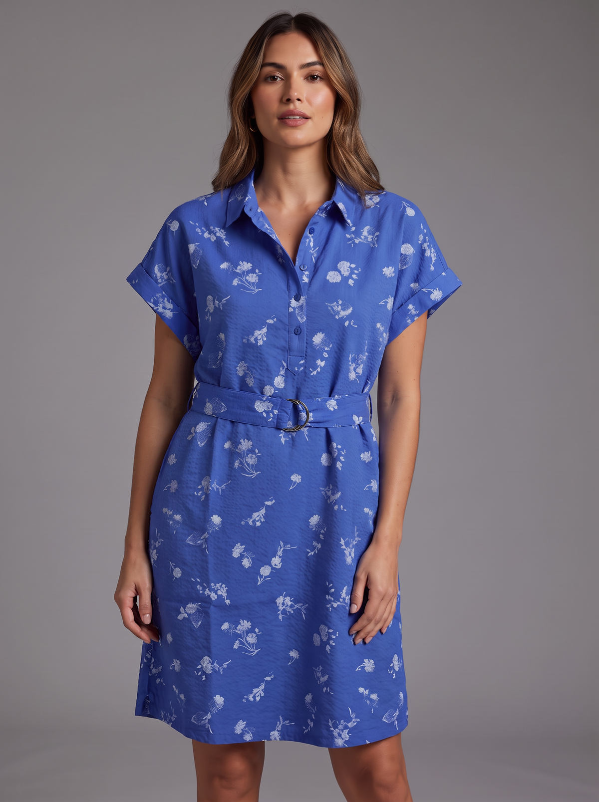 Women’s Floral Print Short-Sleeve Shirt Dress – Belted Royal Blue Casual Dress