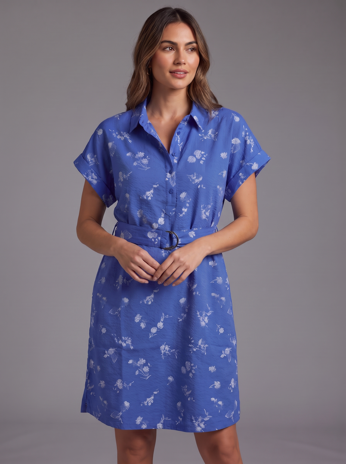 Women’s Floral Print Short-Sleeve Shirt Dress – Belted Royal Blue Casual Dress