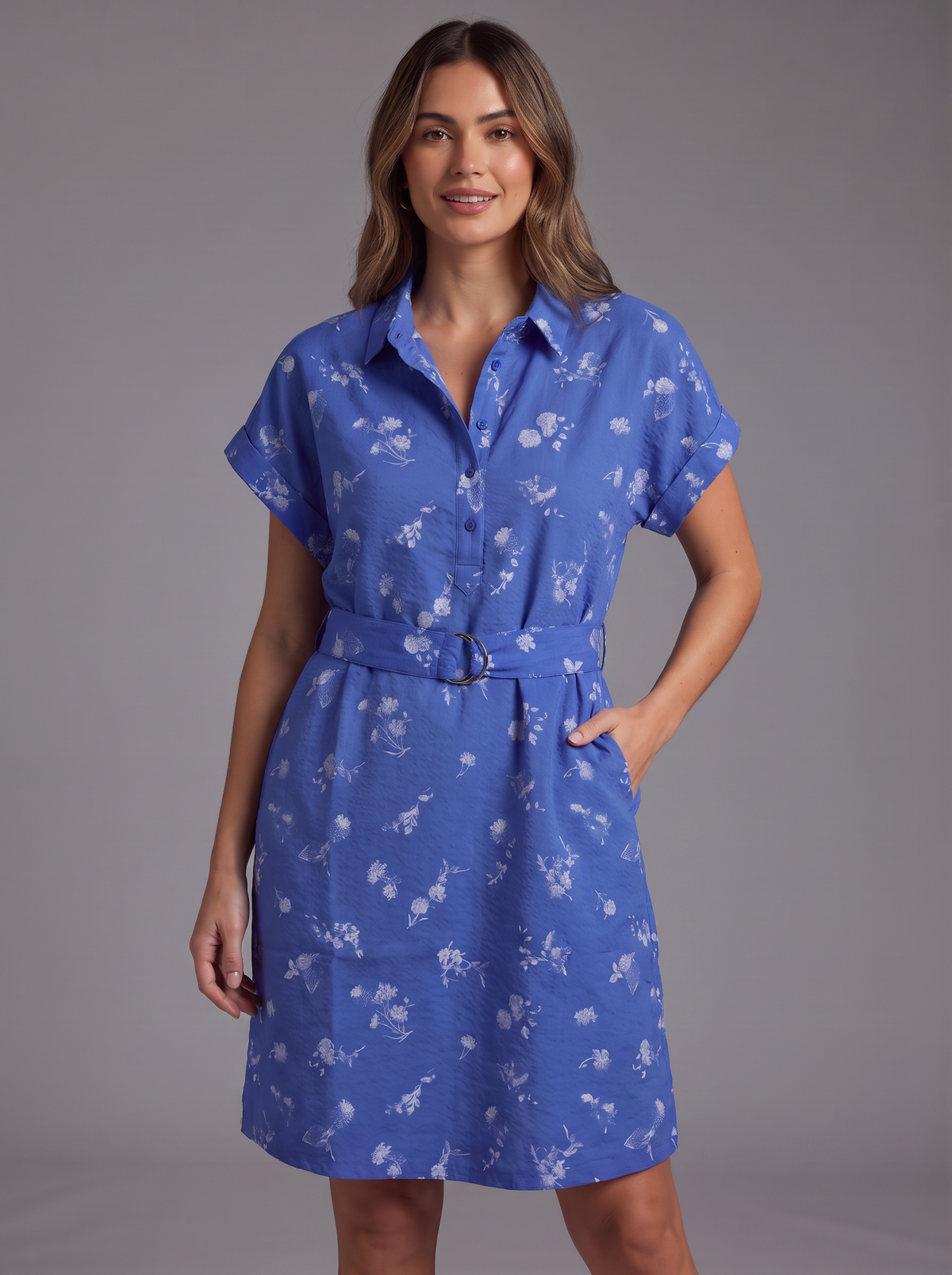 Women’s Floral Print Short-Sleeve Shirt Dress – Belted Royal Blue Casual Dress