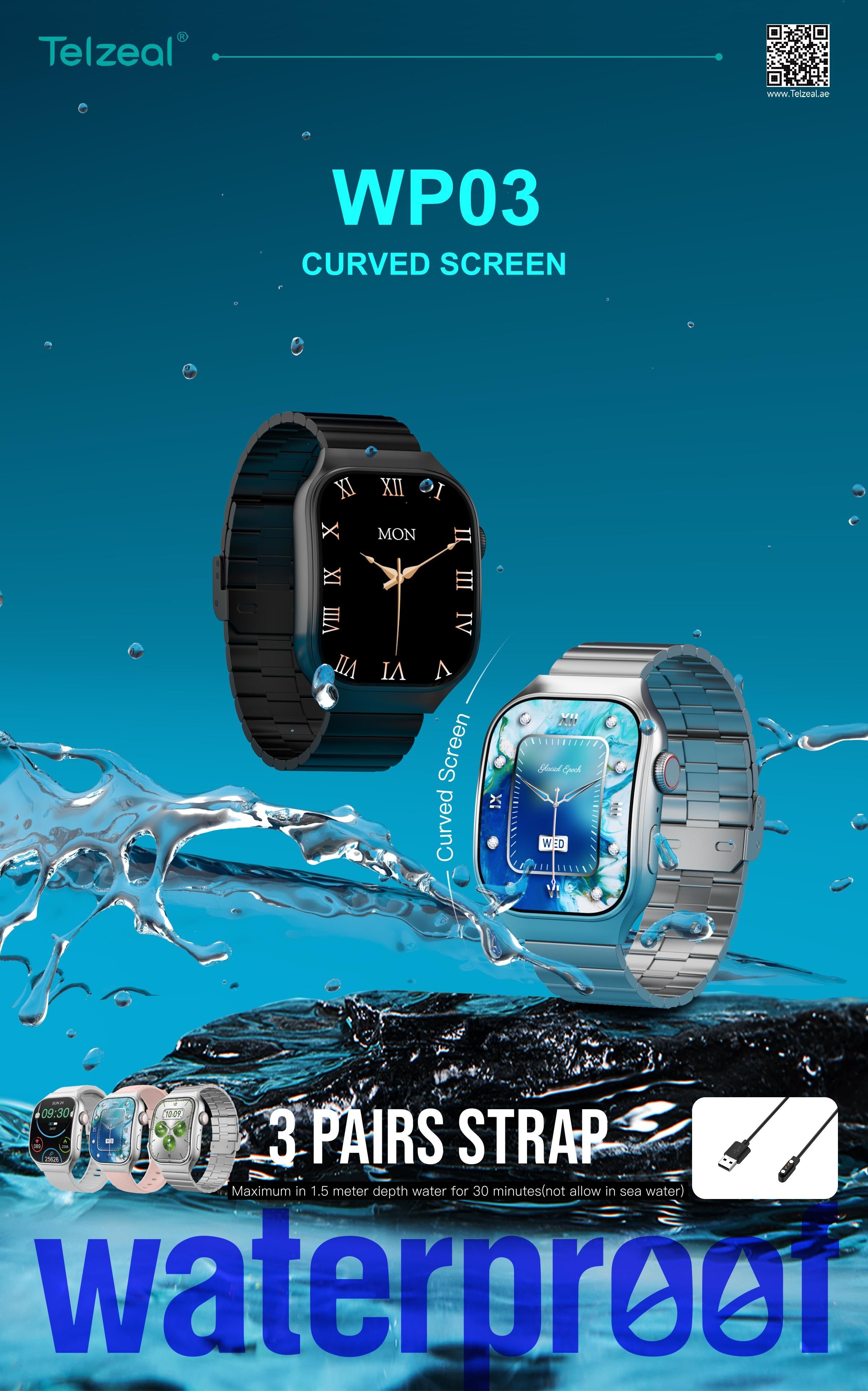 Telzeal WP03 Smart Watch – Waterproof, Curved Display with 3 Interchangeable Straps.