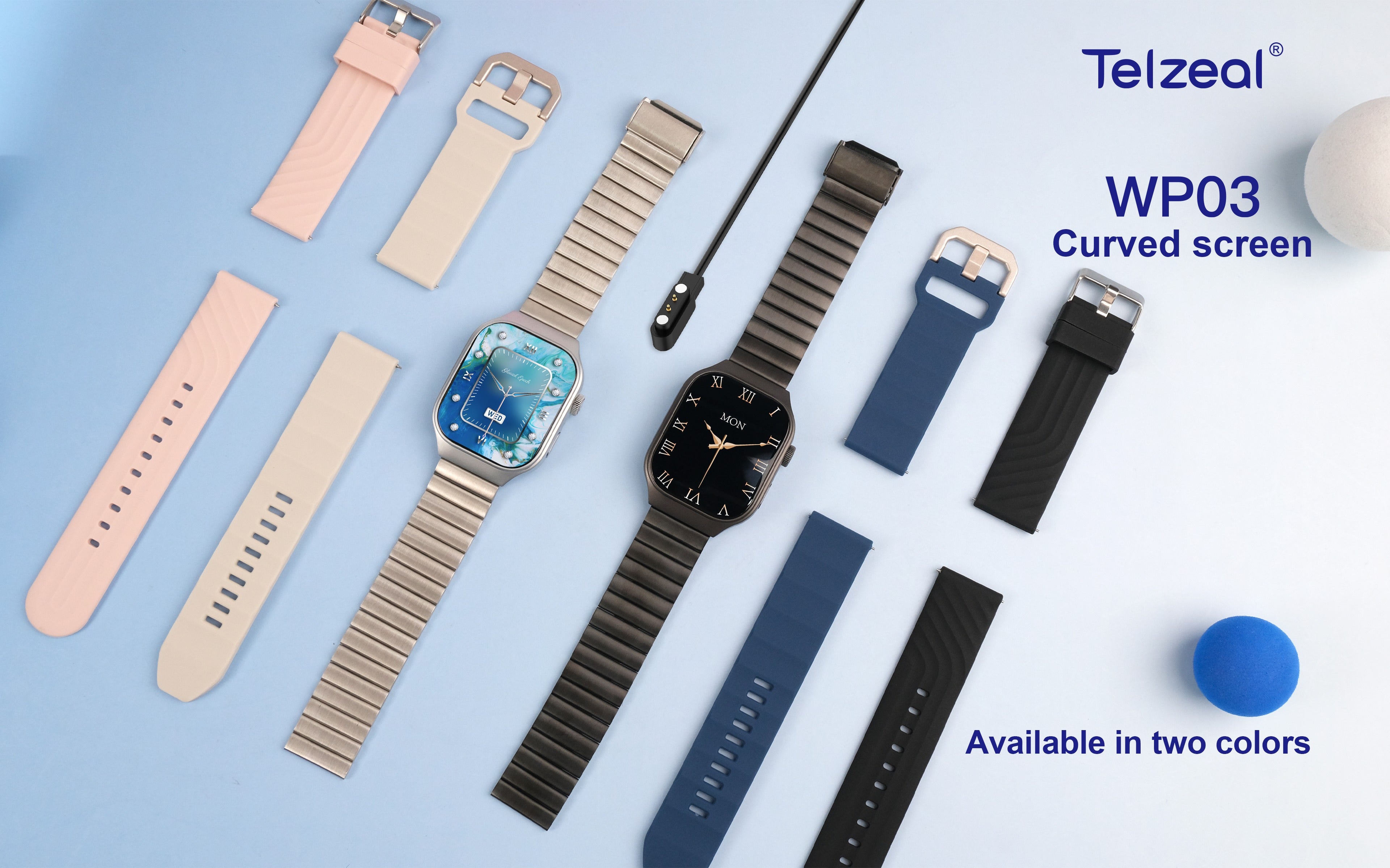 Telzeal WP03 Smart Watch – Waterproof, Curved Display with 3 Interchangeable Straps.