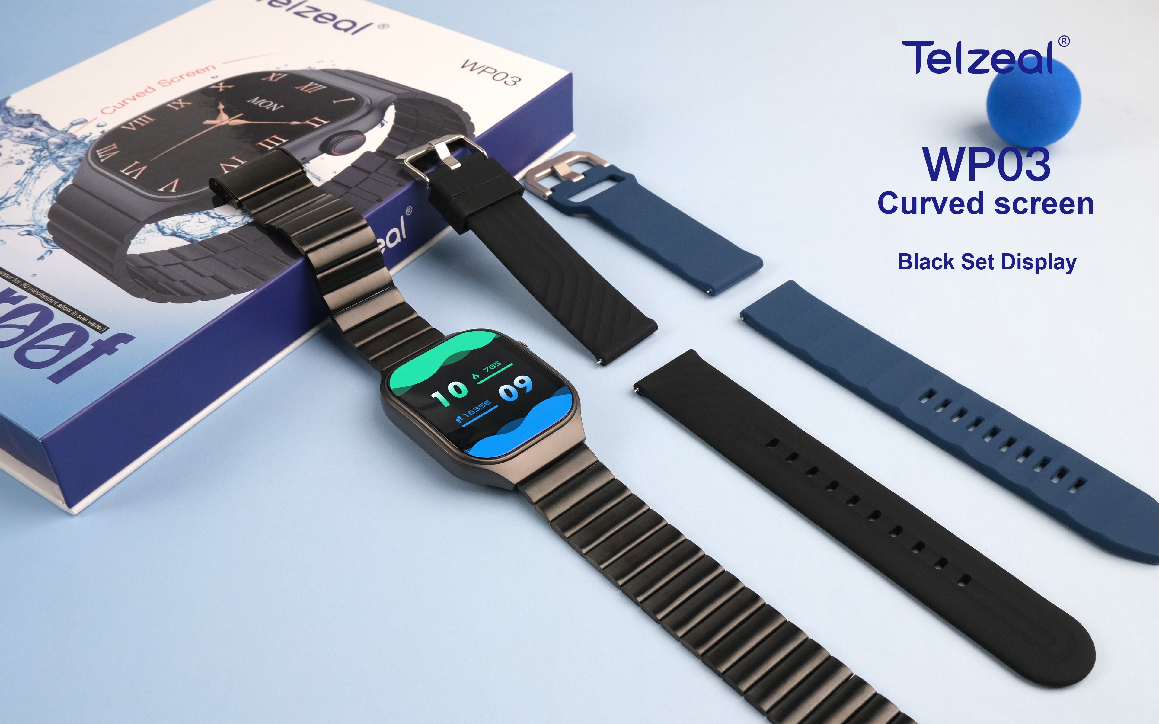 Telzeal WP03 Smart Watch – Waterproof, Curved Display with 3 Interchangeable Straps.