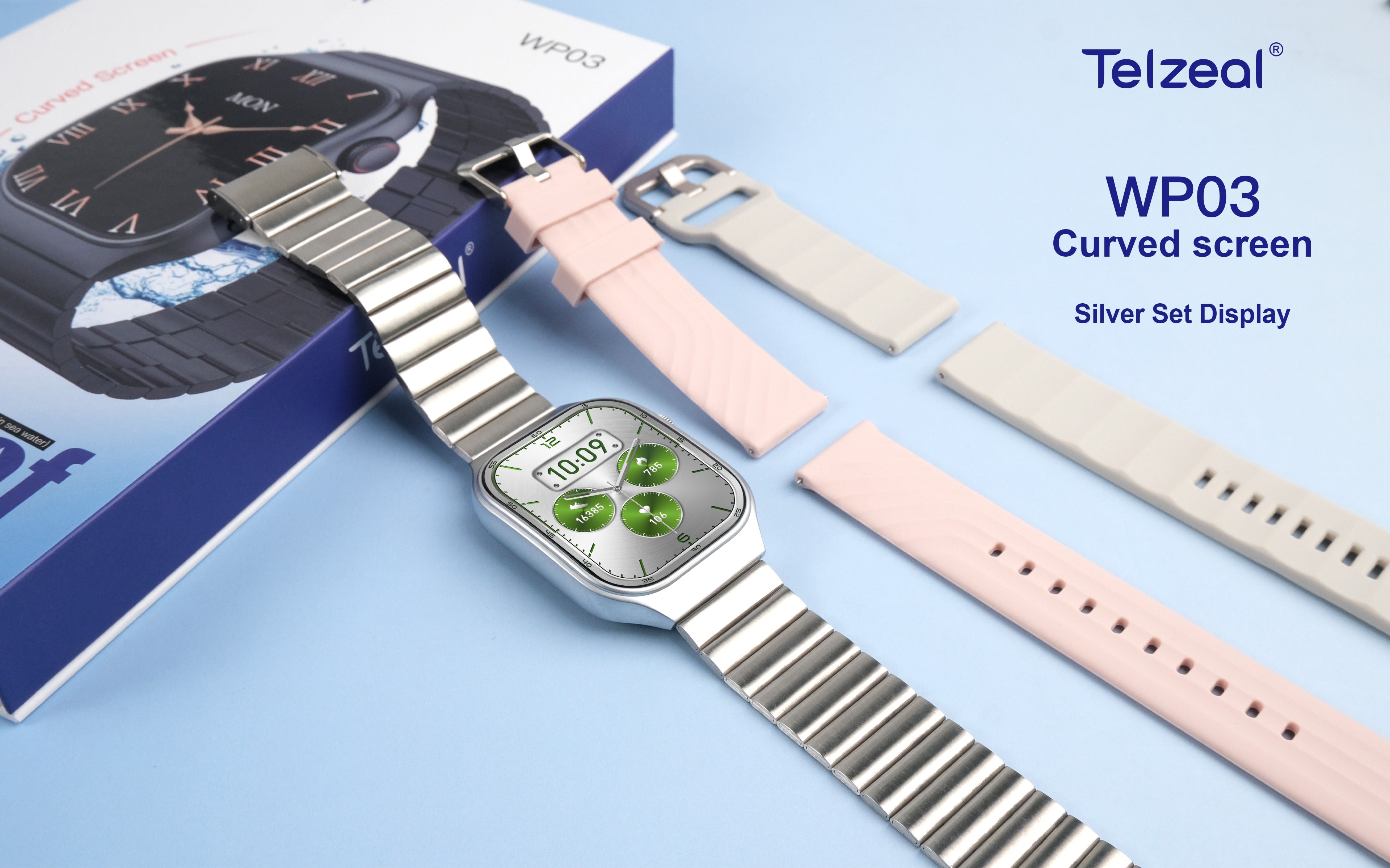 Telzeal WP03 Smart Watch – Waterproof, Curved Display with 3 Interchangeable Straps.