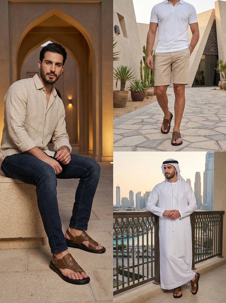 Collage of a man in different outfits with a cityscape background