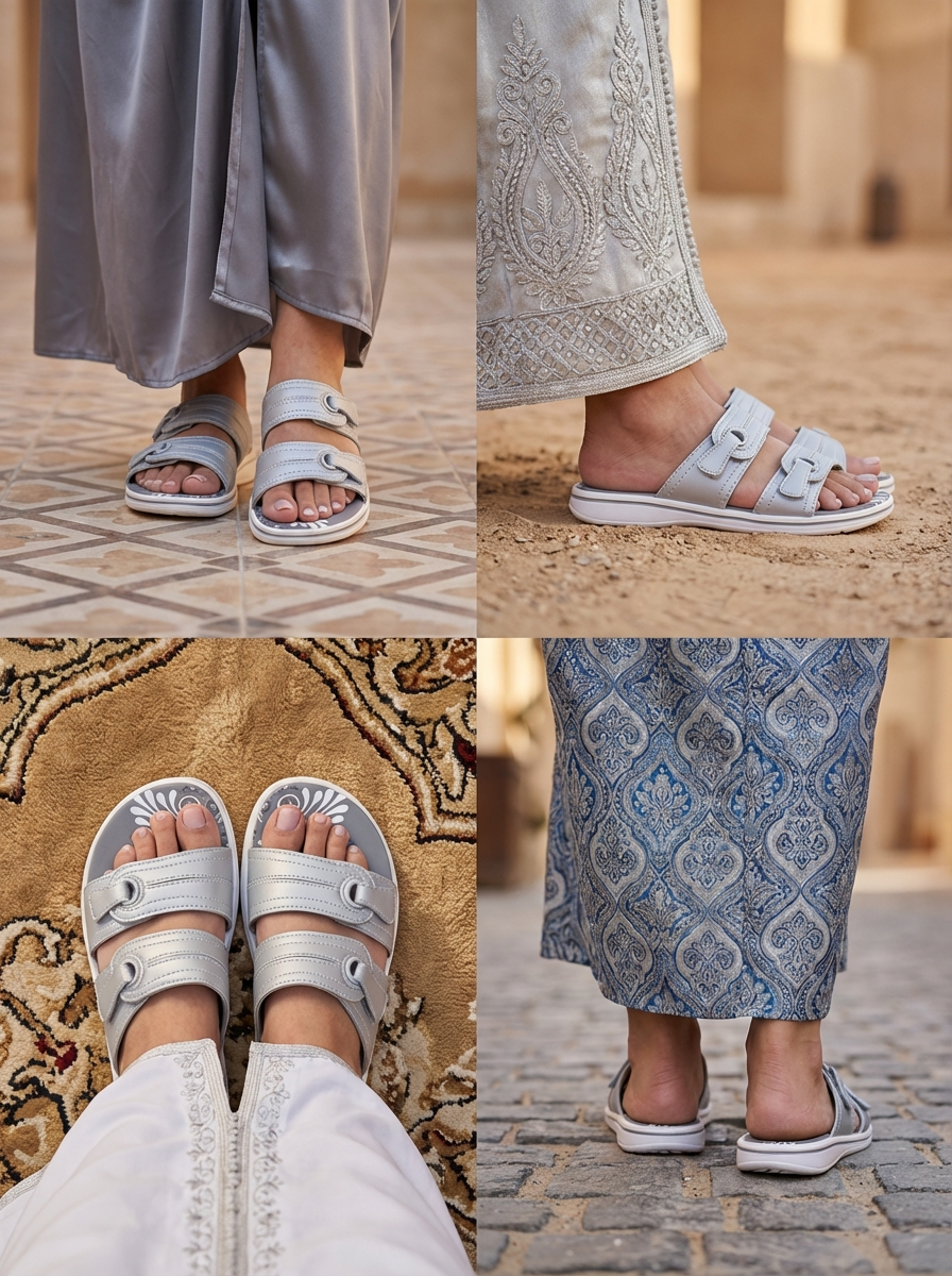 Collage of four images showing white sandals worn with different outfits on various surfaces.