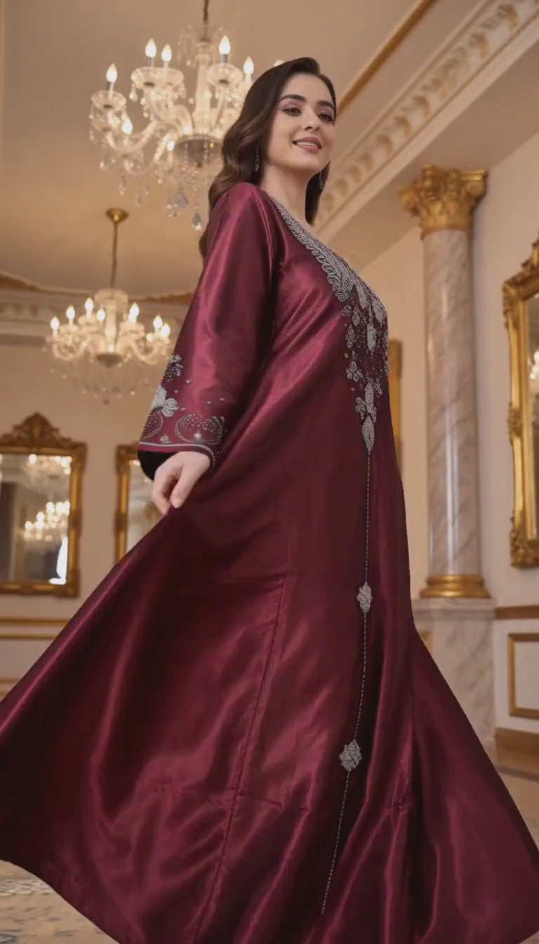 Women’s Satin Embroidered Maxi Kaftan Heavy Dress – Elegant Long-Sleeve Festive Abaya