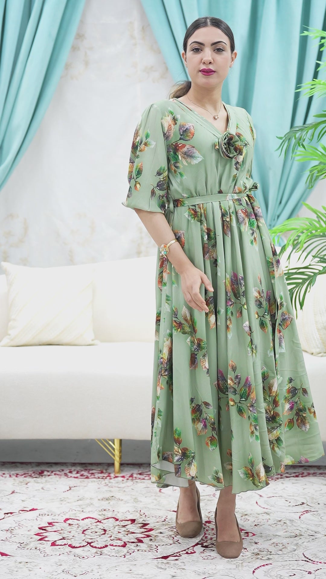 Elegant Floral Green Maxi Dress – Flowy Summer Dress with Waist Tie