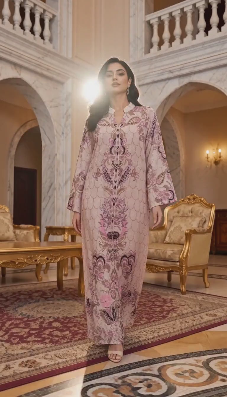 Women’s Blush Pink & Mauve Paisley Printed Maxi Kaftan Dress – Elegant Long-Sleeve Festive Abaya