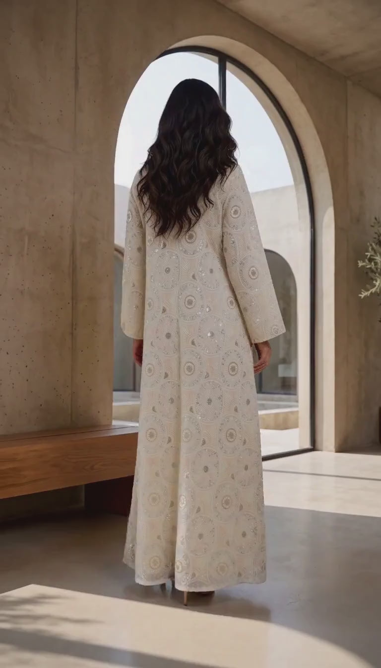 Women’s Ivory Geometric Sequin-Embroidered Maxi Kaftan Dress – Elegant Long-Sleeve Festive Abaya