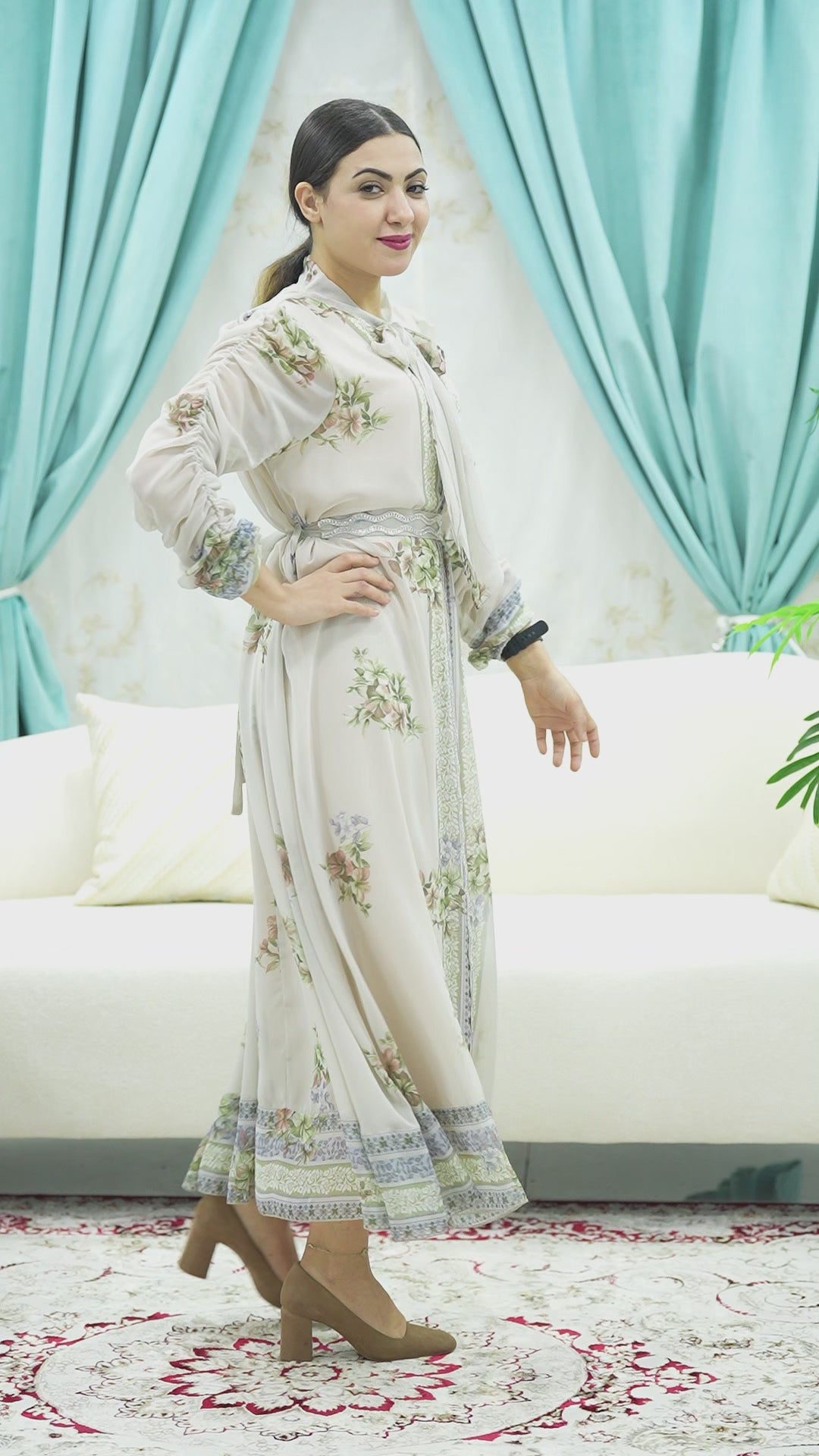 Elegant White Turkish Long Dress with Printed Design & Full Sleeves