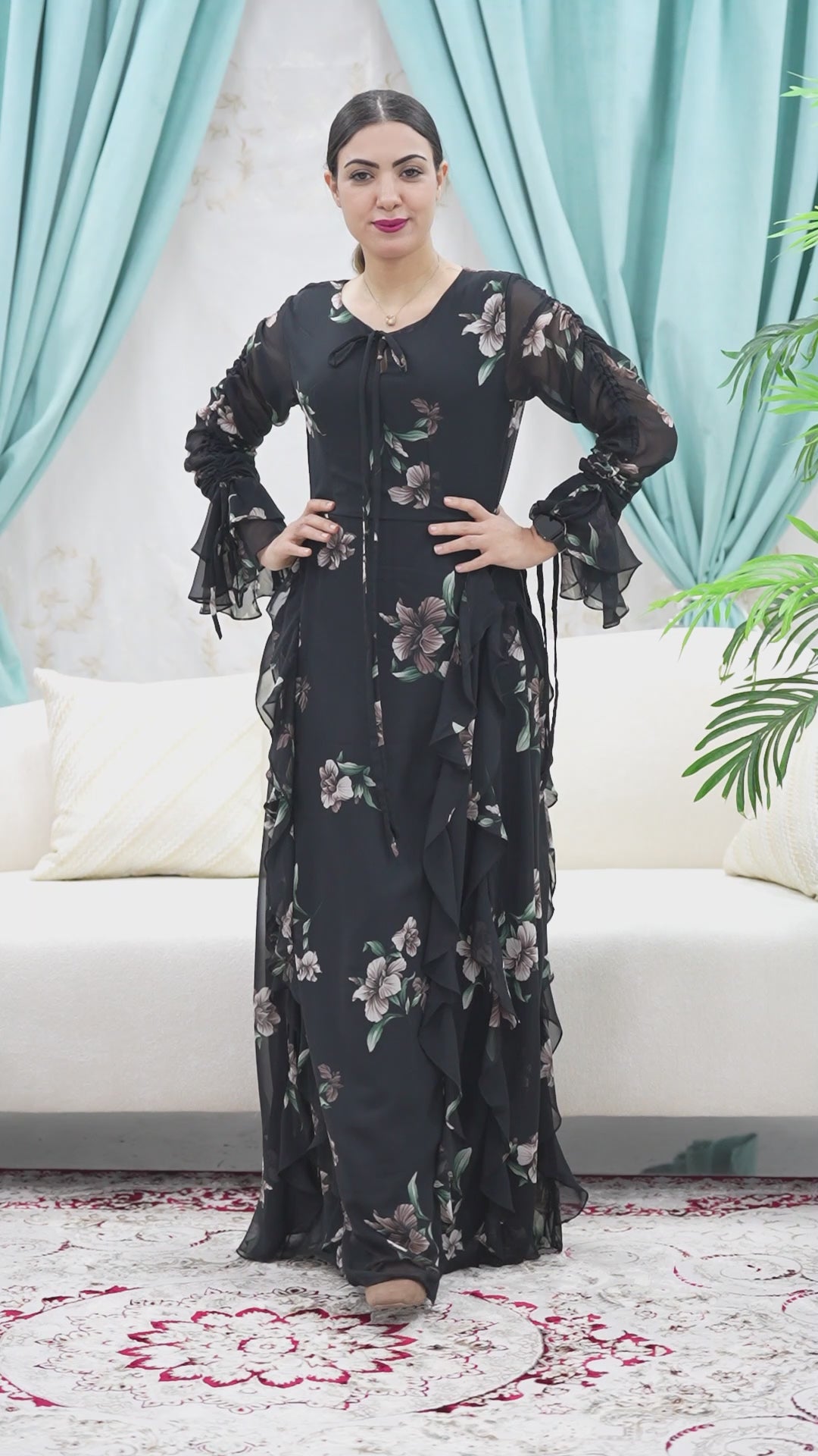 Black Floral Ruffle Maxi Dress – Elegant Long Sleeve Chiffon Gown