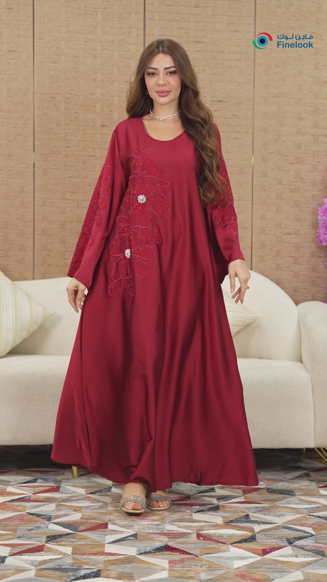 Satin Abaya with Tonal Floral Applique & Crystal Detail | Modest Maxi Dress