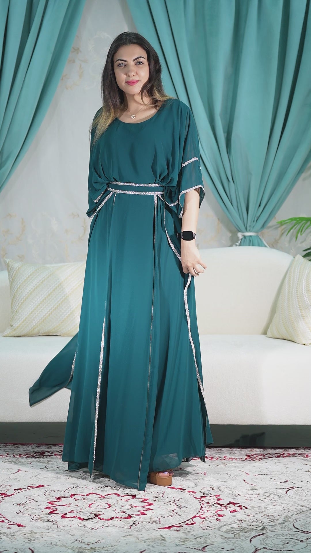 Teal Kaftan Maxi Dress with Silver Trim – Elegant Flowing Evening Gown