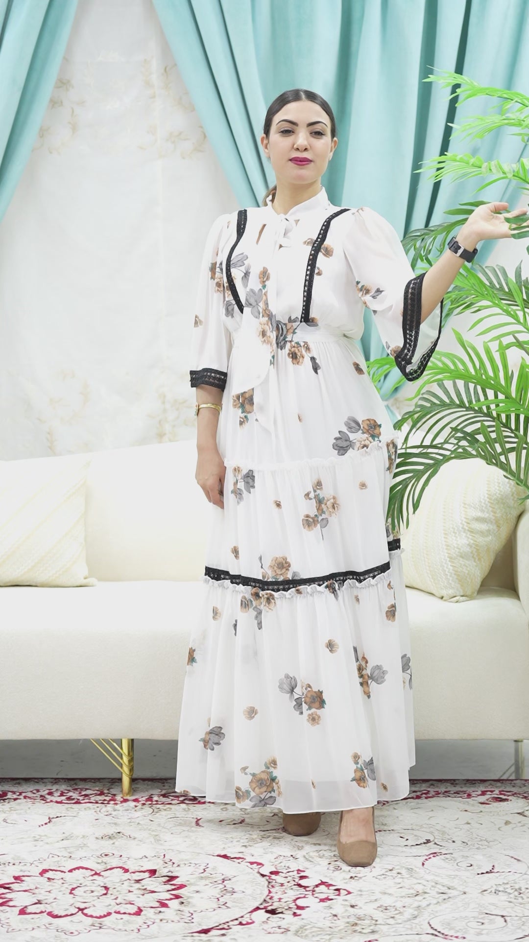 Floral Print Embroidered Maxi Tie Neck Dress - Elegant & Comfortable Summer Dress