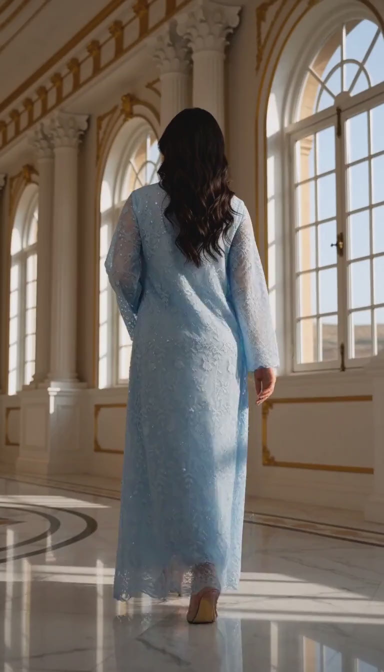 Women’s Light Blue Lace Overlay & Sequin Maxi Kaftan Dress – Elegant Long-Sleeve Festive Abaya