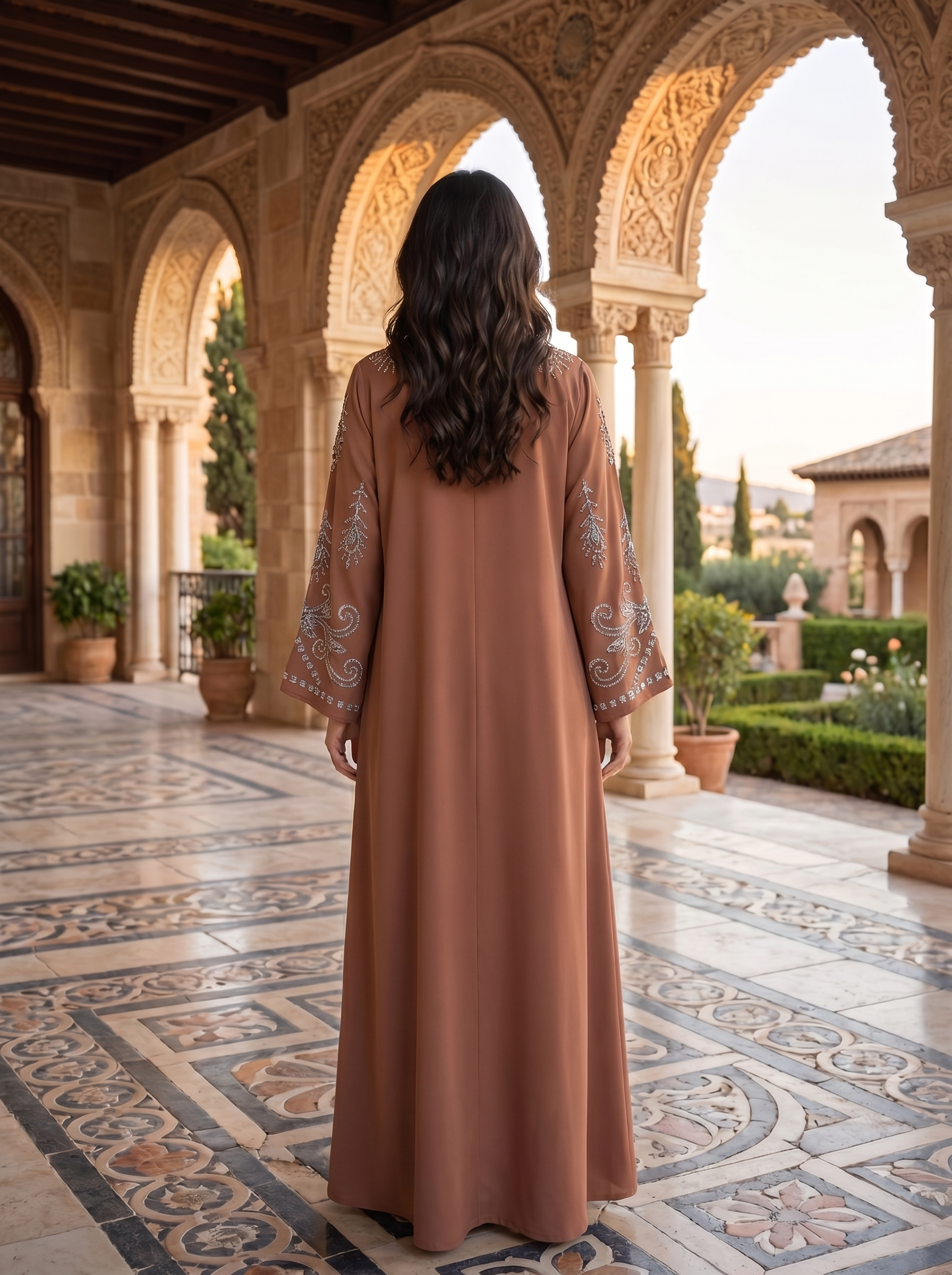 Silver Crystal Arabesque Embroidered Jalabiya with Belt | V-Neck Scattered Motif Kaftan Maxi Dress
