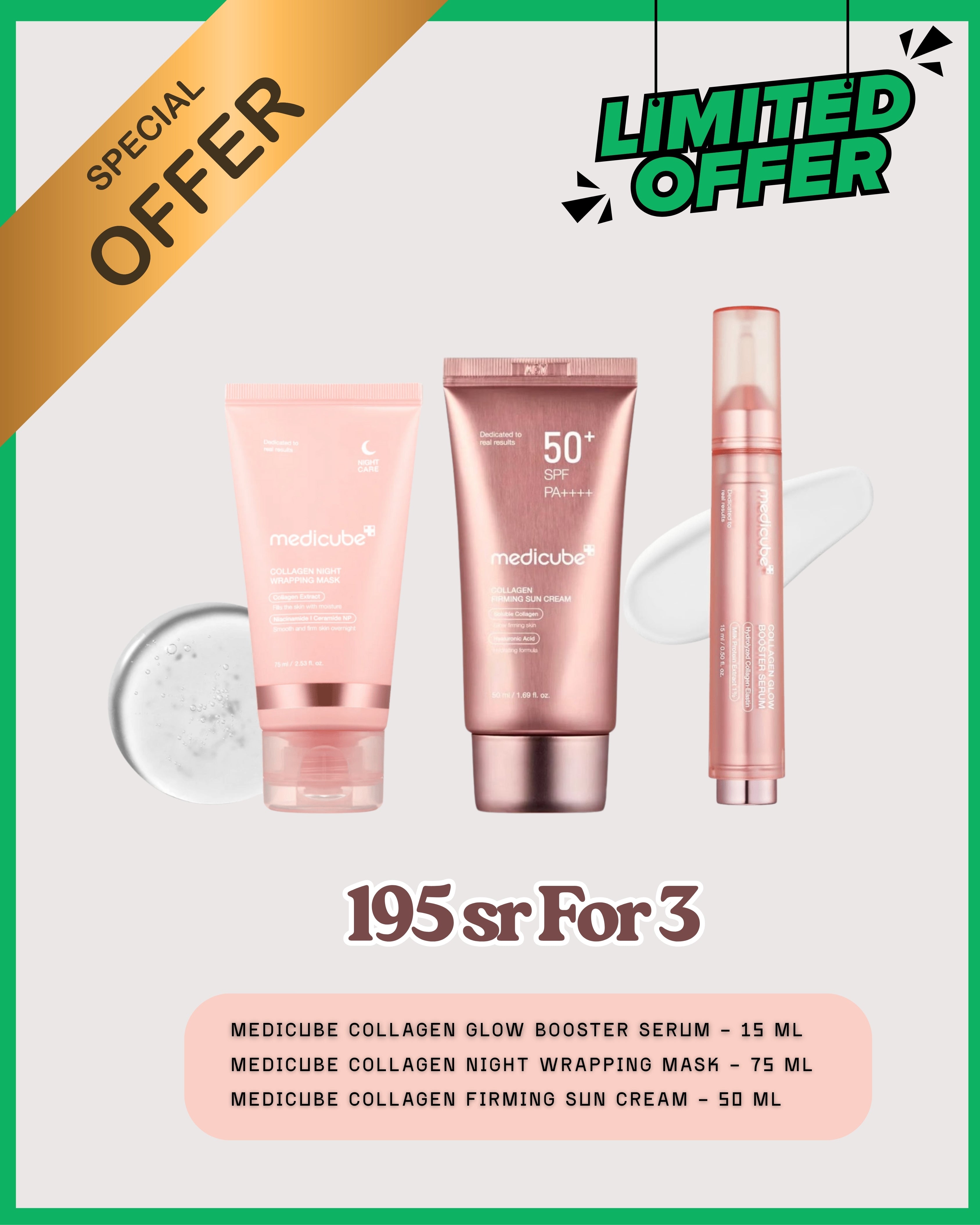 NATIONAL DAY OFFER - MEDICUBE 3 PIECE SET - Glow Booster Serum, Sun Cream and Night Wrapping Mask