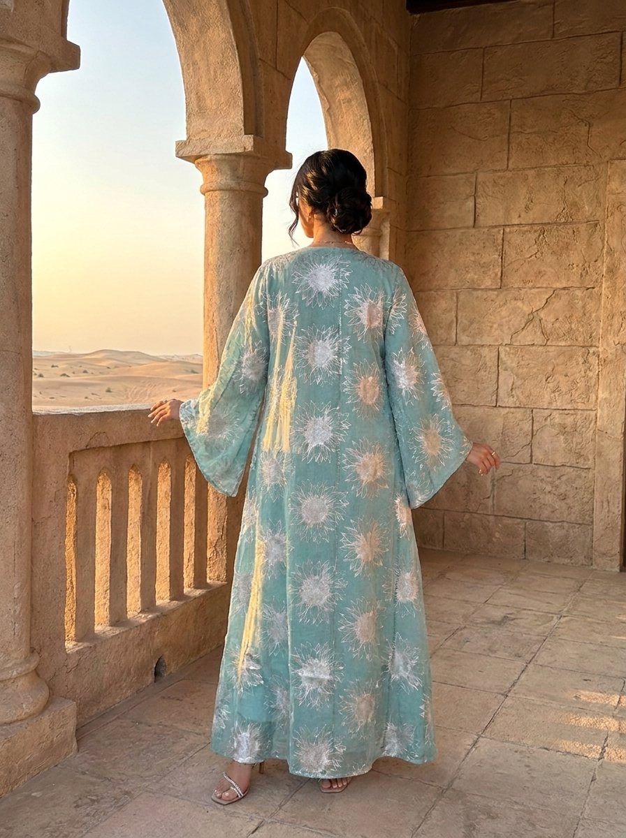 Woman in a light blue floral dress standing on a stone balcony overlooking a desert landscape.