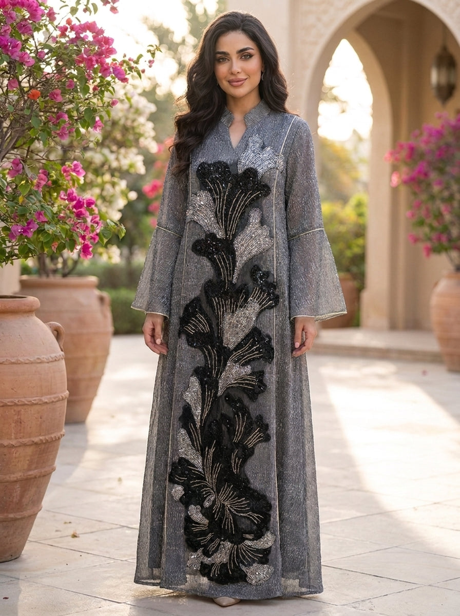Shimmer Jalabiya with Black & Golden Sequin Floral Embroidery | Modest Maxi Dress