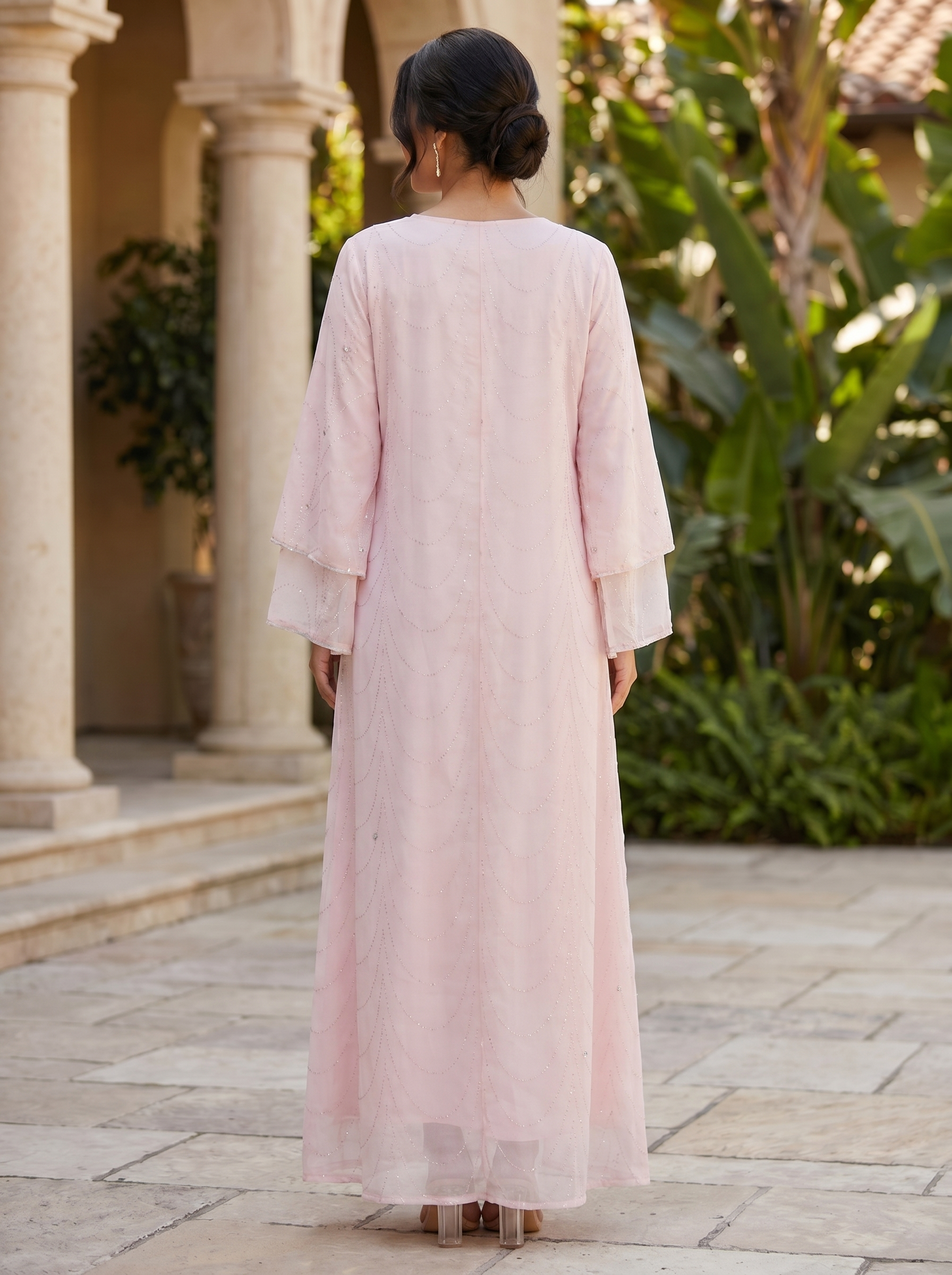 Women's Embellished Mesh Maxi Dress – Elegant Beaded Evening Kaftan with Flared Sleeves