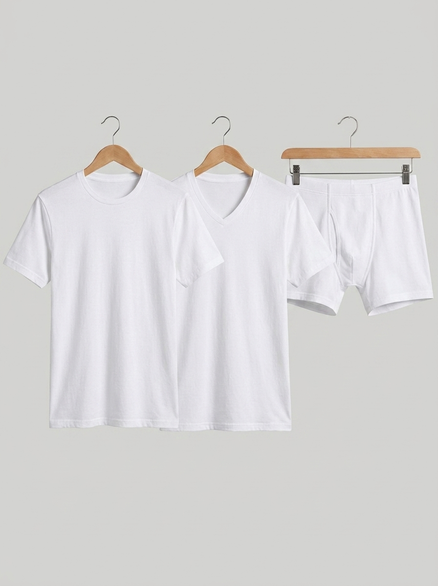 White t-shirt and shorts set on hangers against a gray background