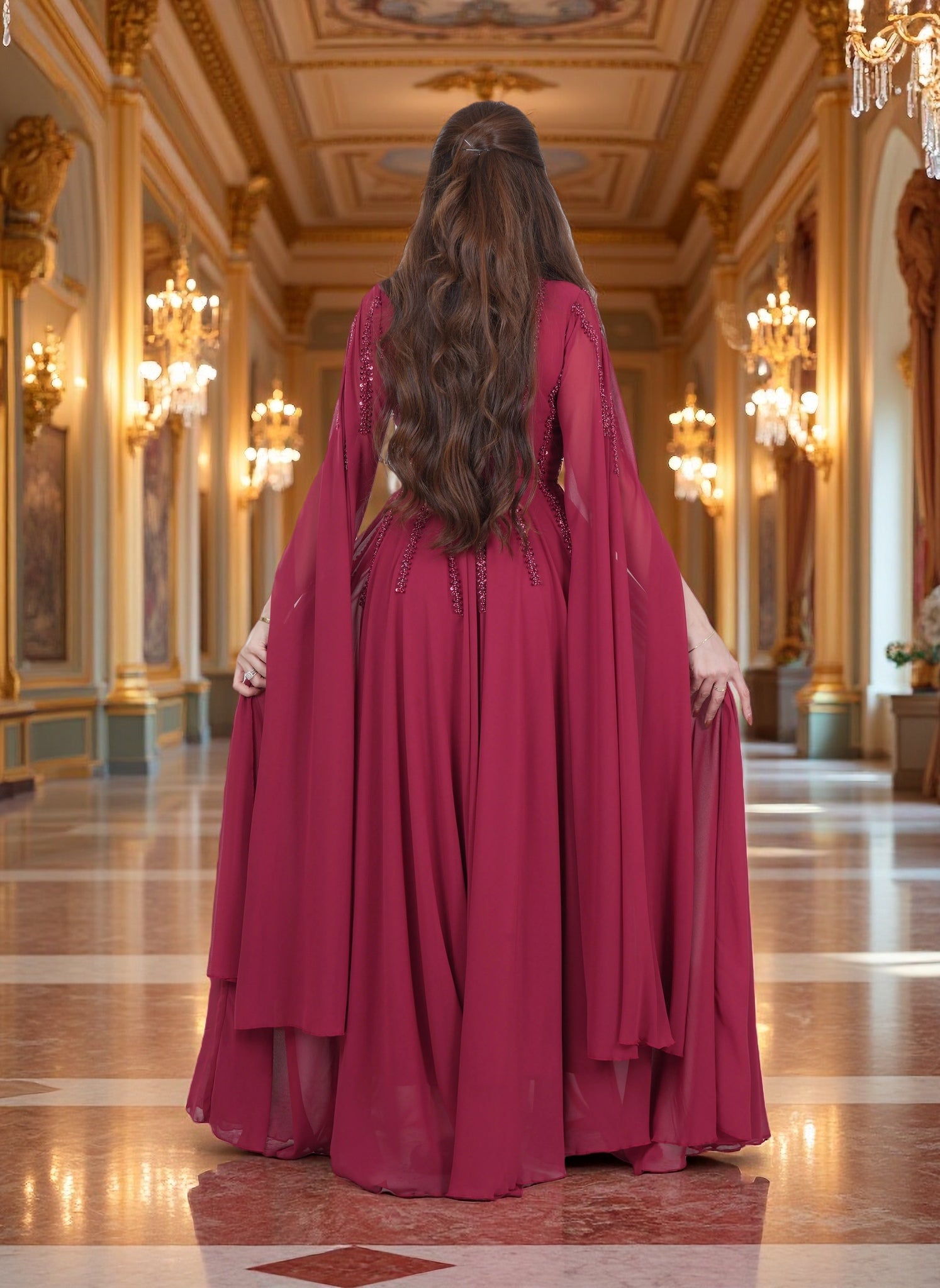 Luxury Elegant Evening Gown Dress with Long Sheer Sleeves – FineLook
