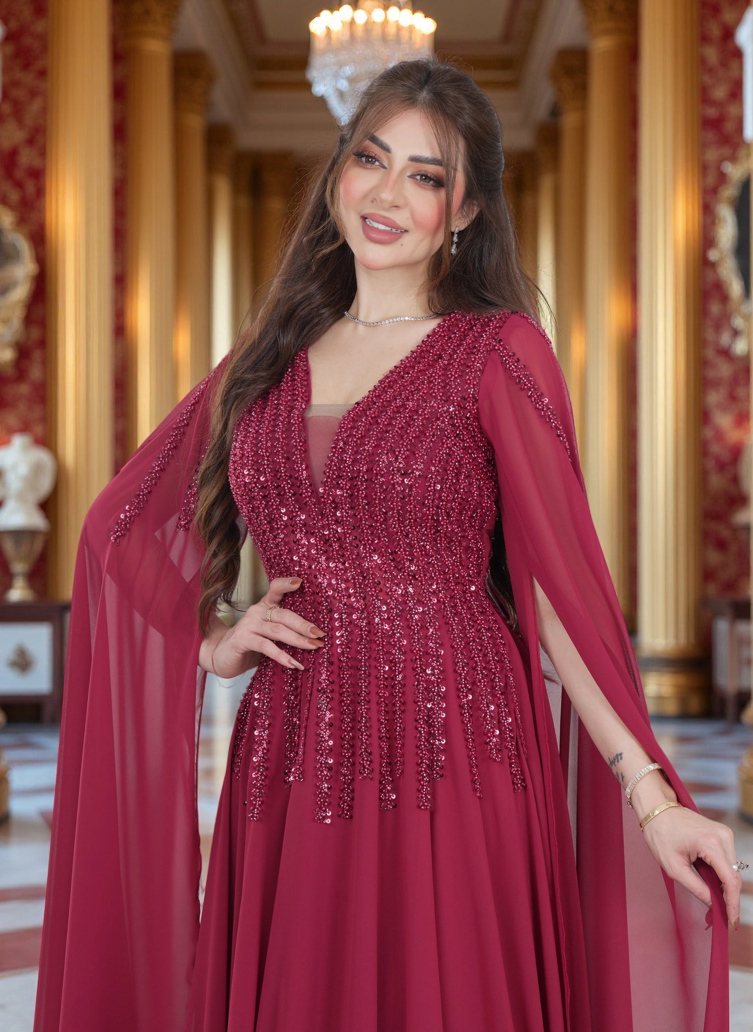 Luxury Elegant Evening Gown Dress with Long Sheer Sleeves FineLook Luxury Elegant Evening Gown Dress with Long Sheer Sleeves FineLook