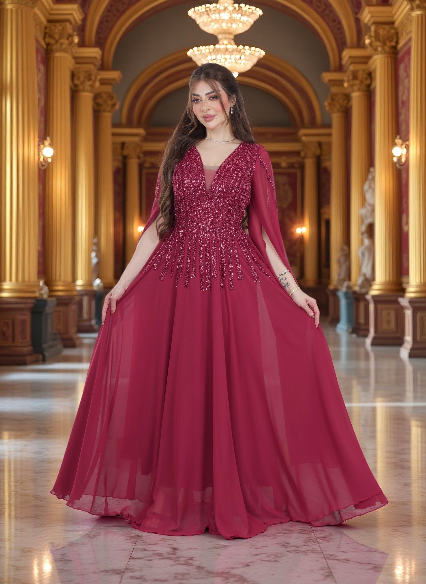 Luxury Elegant Evening Gown Dress with Long Sheer Sleeves