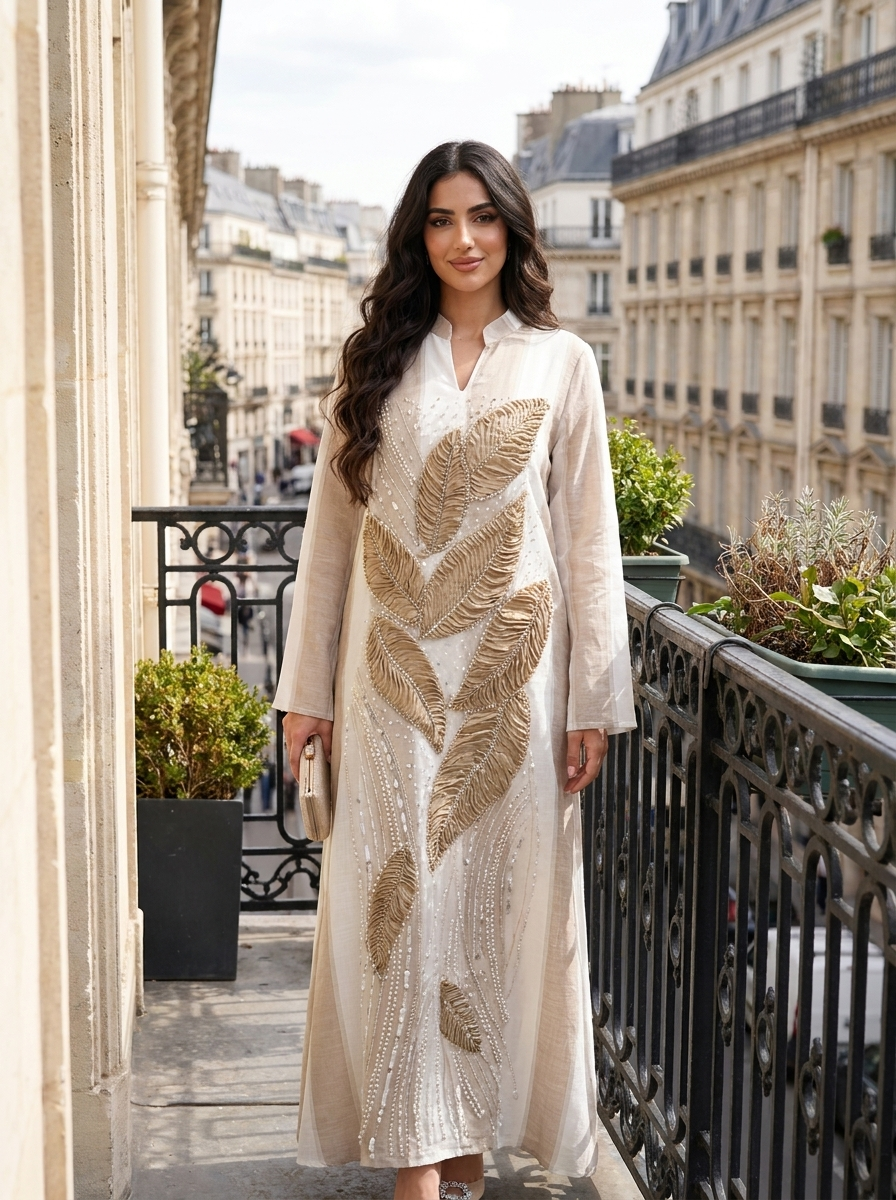 Woman in a long, elegant dress with gold leaf patterns standing on a balcony with cityscape background.